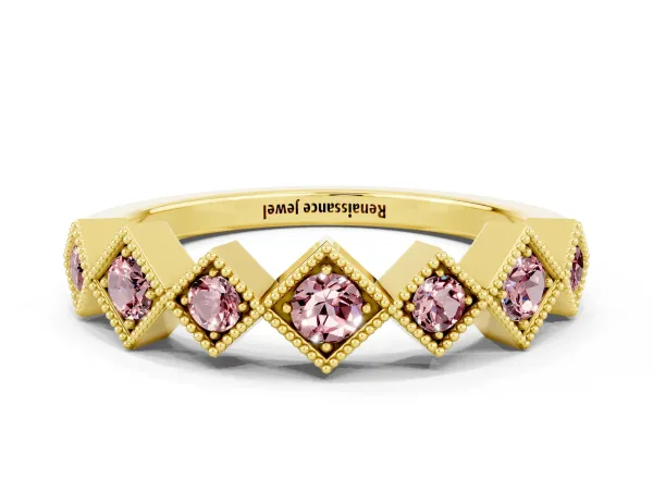 Milgrain Square Bezel Round Morganite Chevron Band Yellow gold