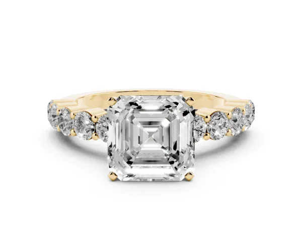 Asscher Cut Diamond Solitaire Ring with Shared Prong Round Side Stones Yellow gold