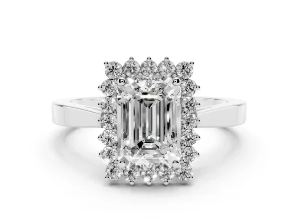 Emerald Cut Cut Diamond Halo Ring with Round Brilliant Halo and Solitaire Band Platinum