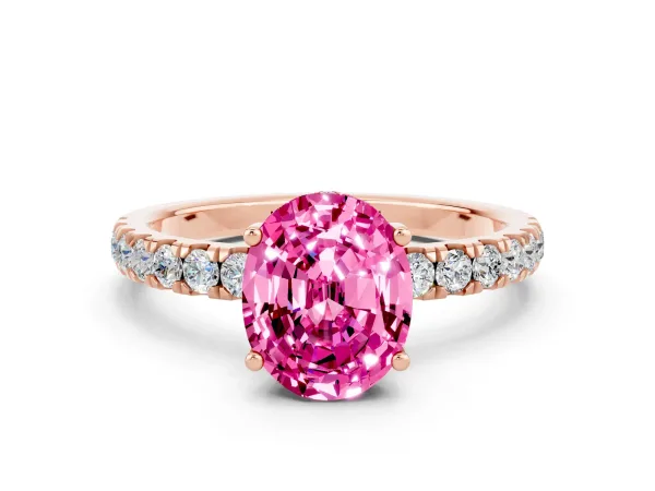 Oval Cut Pink Sapphire Pave Band Solitaire Ring with Round and Prong Setting Rose gold