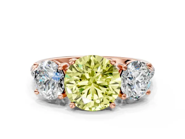 Fancy Yellow Three-Stone Round Cut Diamond Ring with Round Pavé Band and Prong Setting Rose gold