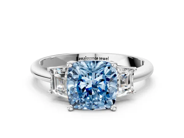 Fancy Blue Cushion Cut Diamond Three-Stone Ring with Trapezoid Side Stones and Prong Setting Platinum