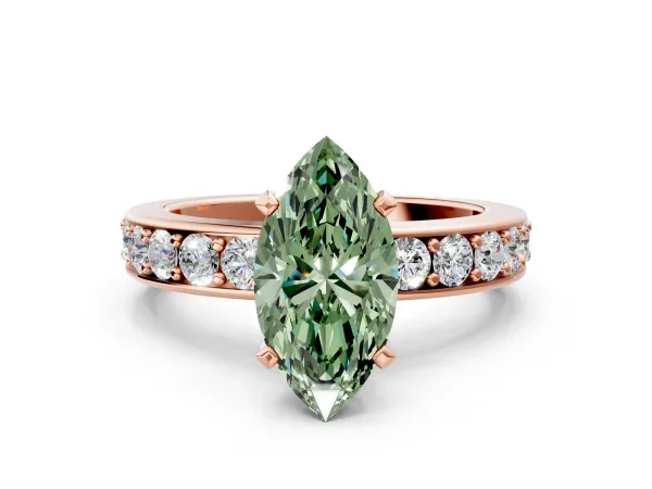 Fancy Green Marquise Cut Diamond Engagement Ring with Channel Set Round Band and Prong Setting Rose gold