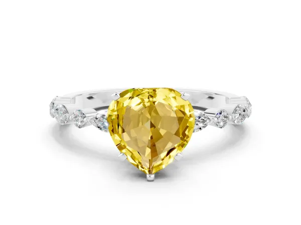 Heart Cut Yellow Sapphire Ring with Marquise and Round Side Stones and Four-Prong Setting Platinum
