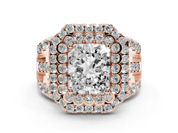 Radiant Cut Diamond Double Halo Ring with Round Pavé Split Shank and Prong Setting Rose gold