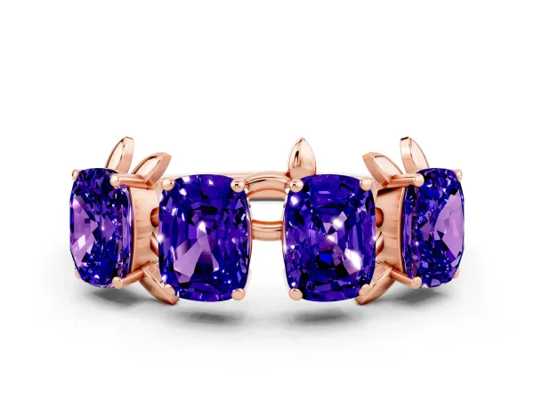 Four-Stone Elongated Cushion Tanzanite Band with Nature-Inspired Prong Setting Rose gold