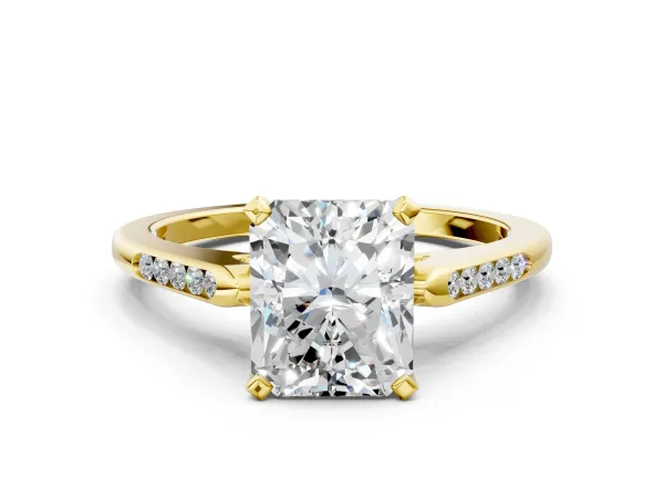 Radiant Cut Diamond Solitaire Ring with Channel Set Round Band and Prong Setting Yellow gold