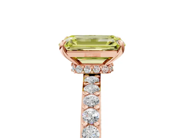 Fancy Yellow Emerald Cut Diamond Solitaire Engagement Ring with Pavé Band and Four-Prong Setting Rose gold