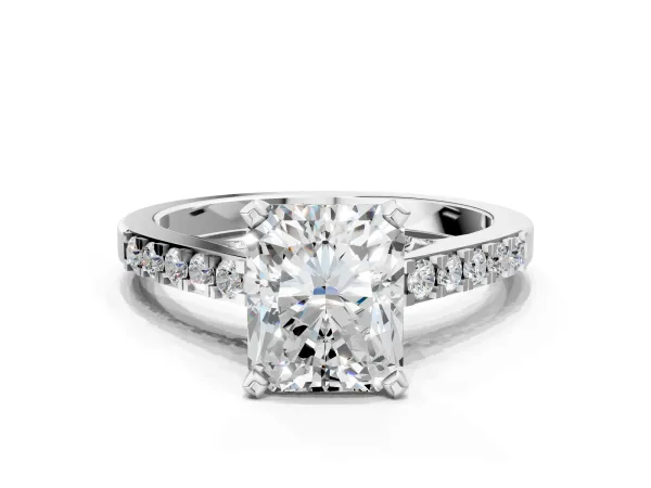 Radiant Cut Diamond Solitaire Ring with Crossover Gallery and Round Pavé Band Platinum