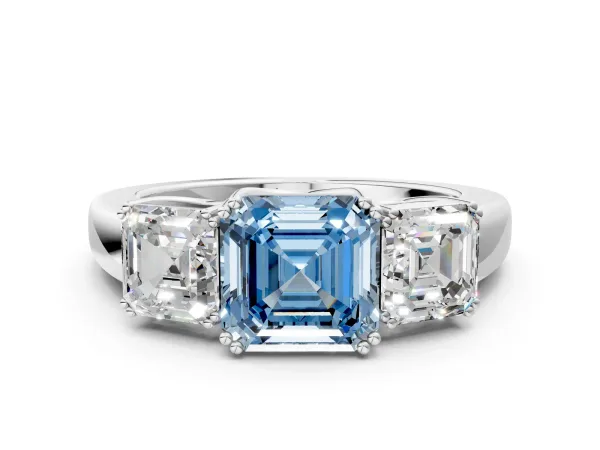 Fancy Blue Three-Stone Asscher Cut Cut Diamond Ring with Channel Set Band and Four-Prong Setting Platinum