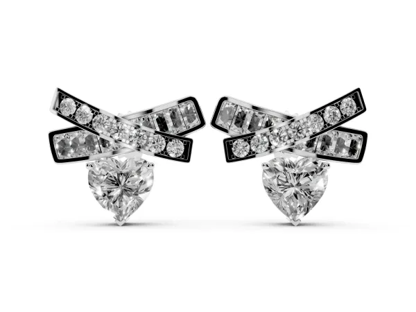 Heart Diamond X Stud Earrings with Baguette and Round Accents Platinum