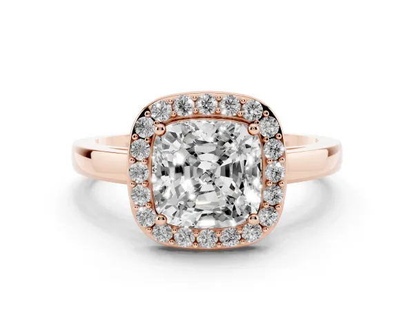 Cushion Cut Halo Diamond Ring with Solitaire Band and Prong Setting Rose gold