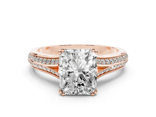 Radiant Cut Diamond Split Shank Engagement Ring with Pavé Band Rose gold