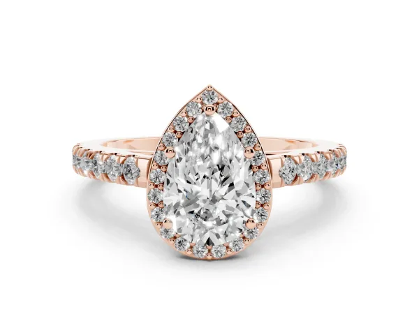 Pear Cut Cut Halo Diamond Engagement Ring with Pave Band and Four-Prong Setting Rose gold