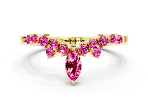 Marquise and Round Pink Sapphire Chevron Band with Prong Setting Yellow gold