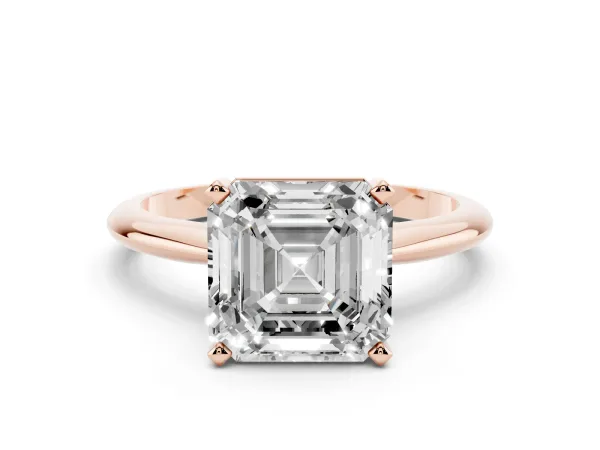 Asscher Cut Cut Solitaire Ring with Four-Prong Setting on a Classic Band Rose gold