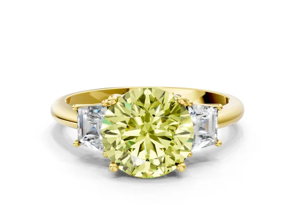 Fancy Yellow Round Cut Diamond Three-Stone Ring with Trapezoid Side Stones and Prong Setting Yellow gold