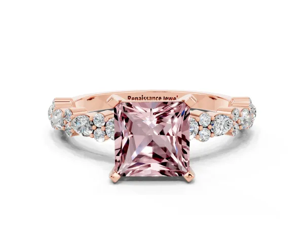 Princess Cut Morganite Side Stone Solitaire Ring with Round and Four-Prong Setting Rose gold