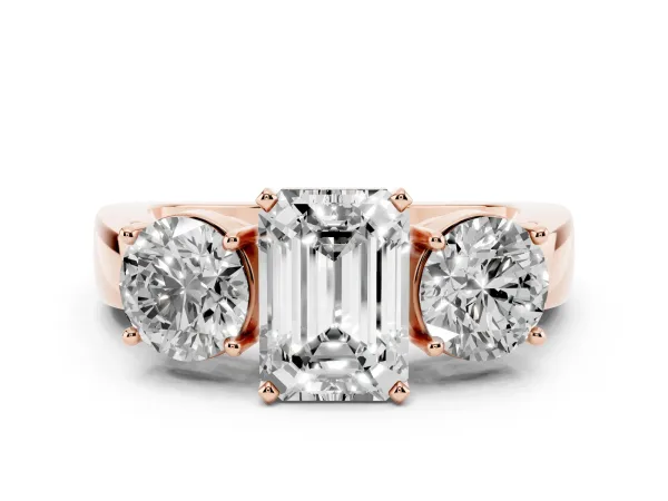 Three-Stone Emerald Cut Diamond Ring with Round Side Stones, Classic Band, and Four-Prong Setting Rose gold