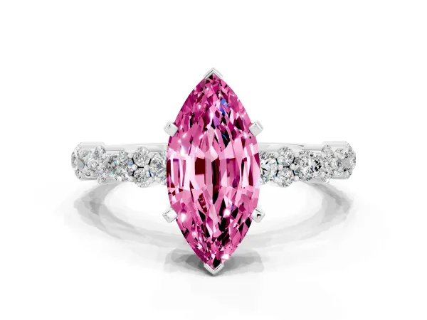 Marquise Cut Pink Sapphire Side Stone Solitaire Ring with Round and Four-Prong Setting White gold