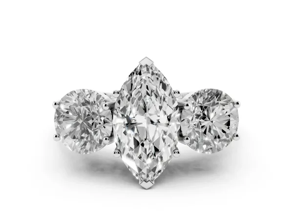 Three-Stone Marquise Cut Diamond Engagement Ring with Prong Setting on a Classic Band Platinum