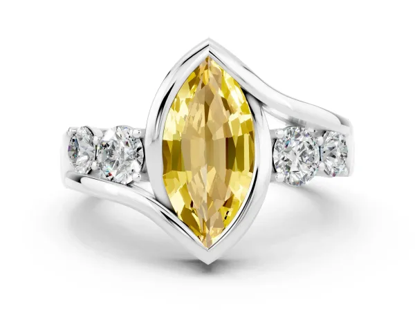Bezel Set Marquise Cut Yellow Sapphire Bypass Ring with Round Accents Platinum
