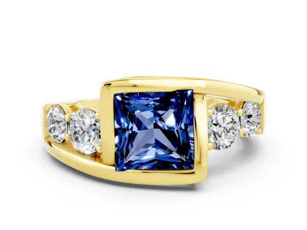Bezel Set Princess Cut Blue Sapphire Bypass Ring with Round Accents Yellow gold