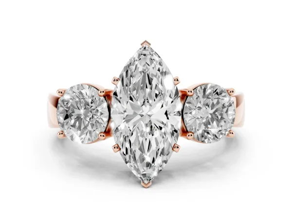 Three-Stone Marquise Cut Diamond Ring with Round Side Stones, Classic Band, and Four-Prong Setting Rose gold