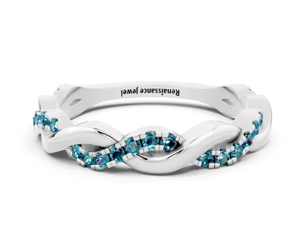 Round Blue Topaz Twist Eternity Band with Pavé Setting Platinum
