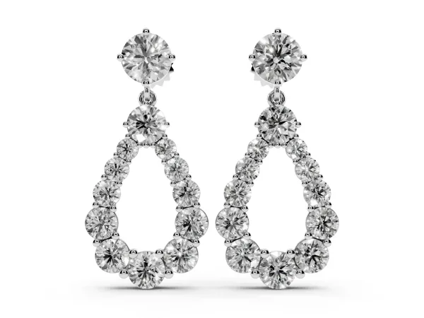 Round Cut Diamond Graduated Shared Prong Drop Earrings White gold