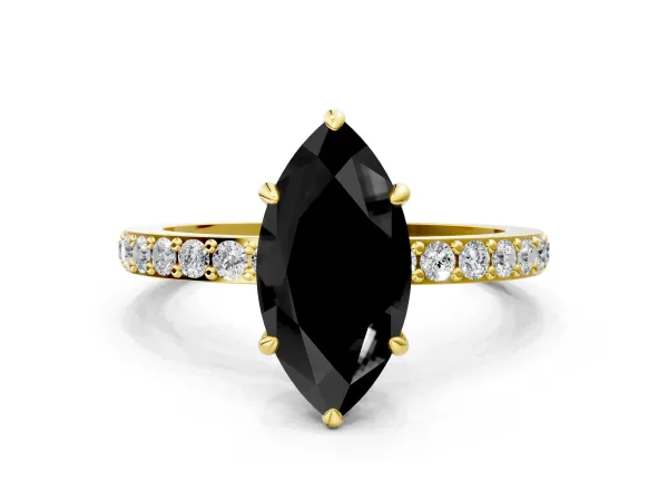 Fancy Black Marquise Cut Diamond Solitaire Engagement Ring with Pavé Band and Four-Prong Setting Yellow gold
