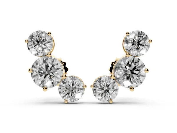 Round Cut Diamond Graduated Three-Stone Stud Earrings Yellow gold