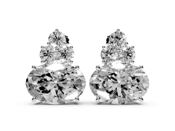 East-West Oval Diamond Cluster Stud Earrings with Round Diamond Accents Silver