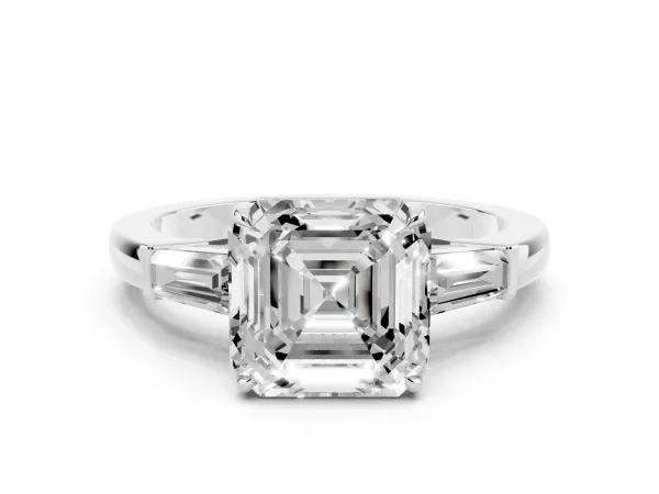 Asscher Cut Diamond Three-Stone Ring with Tapered Baguette Side Stones and Prong Setting Platinum