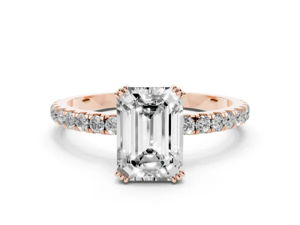 Emerald Cut Brilliant Solitaire with Pavé Band and Claw Prong Setting Rose gold