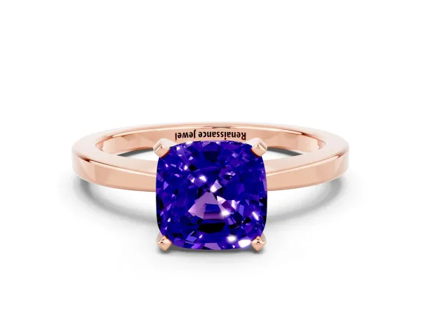 Cushion Cut Tanzanite Solitaire Engagement Ring with Classic Band and Four-Prong Setting Rose gold