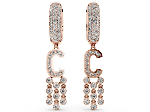 Round Diamond Initial C Huggie Hoop Earrings Rose gold