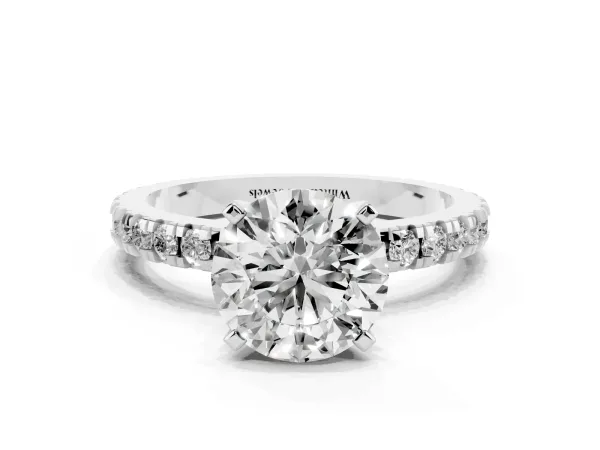 Round Cut Diamond Pavé Band Solitaire with Four-Prong Setting Platinum