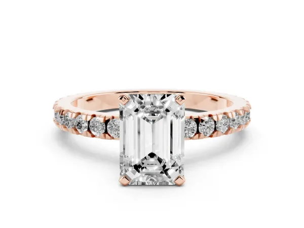 Emerald Cut Diamond Pavé Band Solitaire with Four-Prong Setting Rose gold
