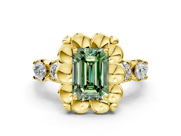 Fancy Green Emerald Cut Cut Diamond Floral Halo Engagement Ring with Shared Prong Setting Yellow gold