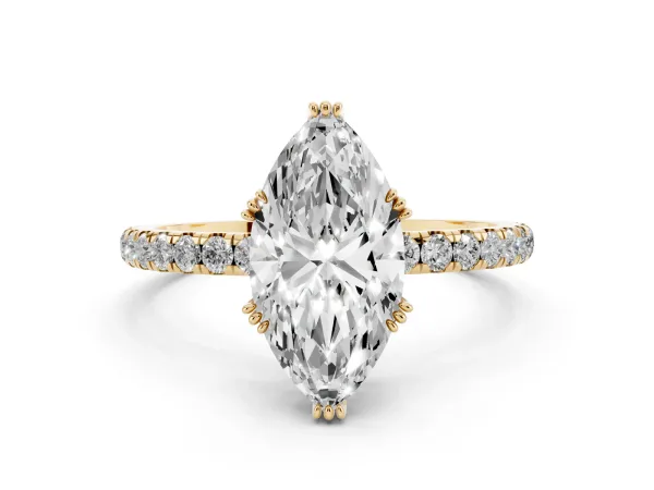 Marquise Cut Brilliant Solitaire with Pavé Band and Claw Prong Setting Yellow gold