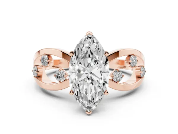 Marquise Cut Cut Solitaire Diamond with Side Stones on Criss-Cross Band and Four-Prong Setting Rose gold