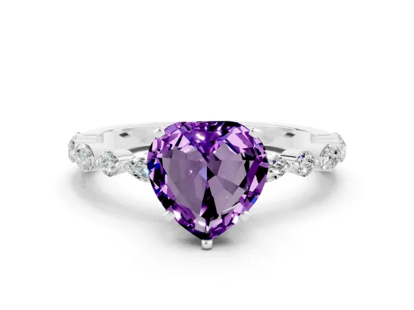 Heart Cut Amethyst Ring with Marquise and Round Side Stones and Four-Prong Setting Platinum
