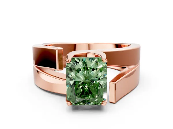 Fancy Green Modern Tension Set Radiant Cut Diamond Solitaire Wide Band Ring Rose gold