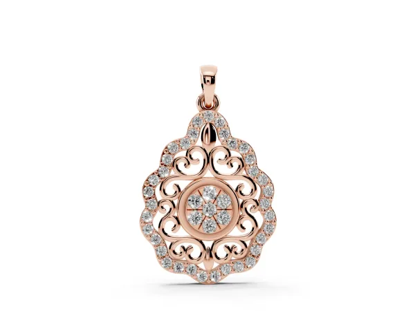 Round Diamond Halo Pendant with Filigree Design Rose gold