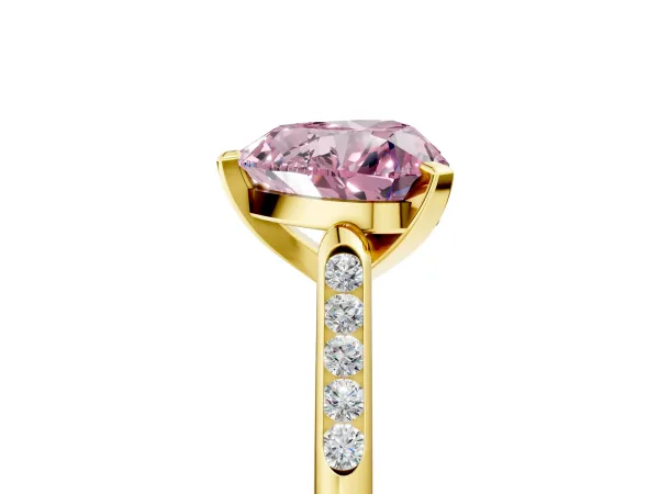 Fancy Pink Heart Cut Diamond Solitaire Ring with Channel Set Round Band and Prong Setting Yellow gold