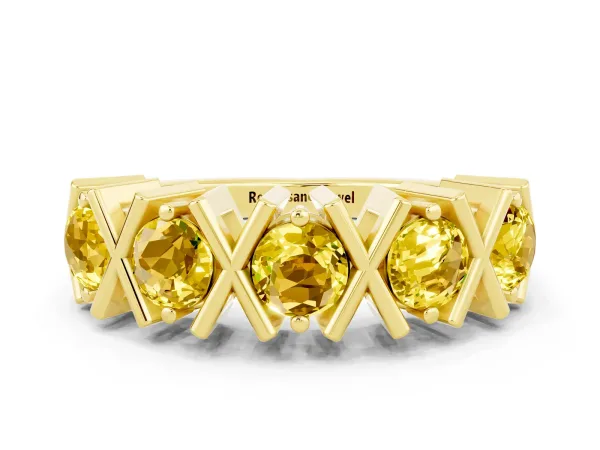 Round Yellow Sapphire Channel Set Band with X-Prong Detail Yellow gold
