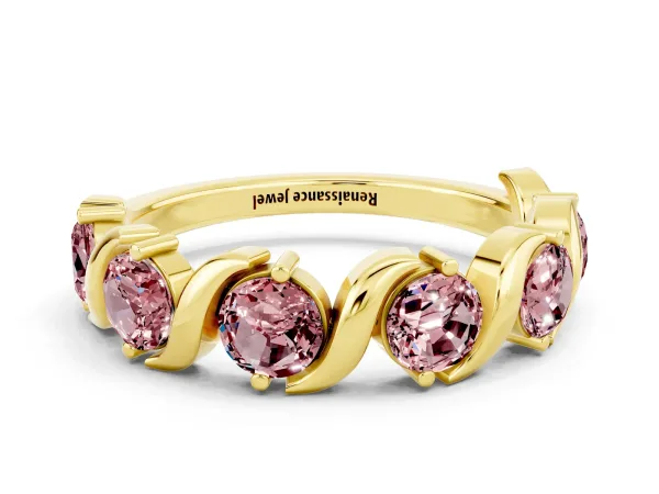 Six-Stone Round Morganite Wave Band with Shared Prong Setting Yellow gold