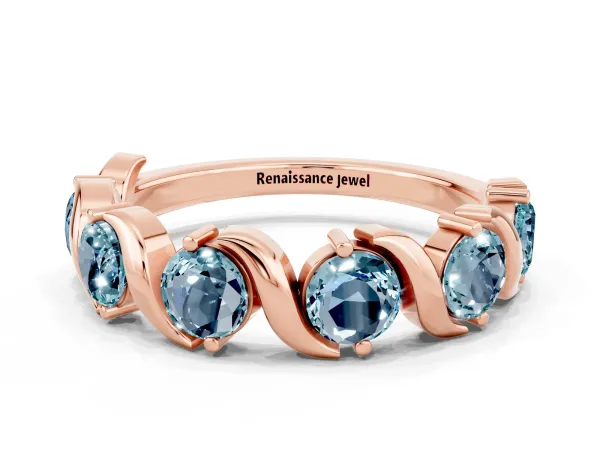 Round Aquamarine Half Eternity Band with Wave Prong Setting Rose gold