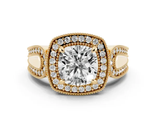 Cushion Cut Halo Split Shank Milgrain Diamond Ring Yellow gold